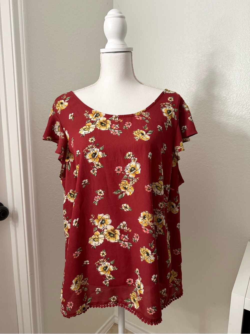 Burgundy Floral Flutter Sleeve Bow Blouse 1X OLM